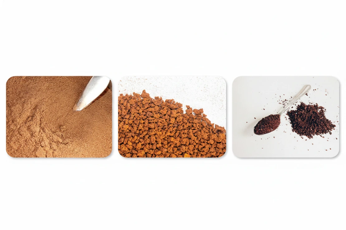 instant coffee From left to right, spray-dried coffee, agglomerated coffee and freeze-dried coffee.